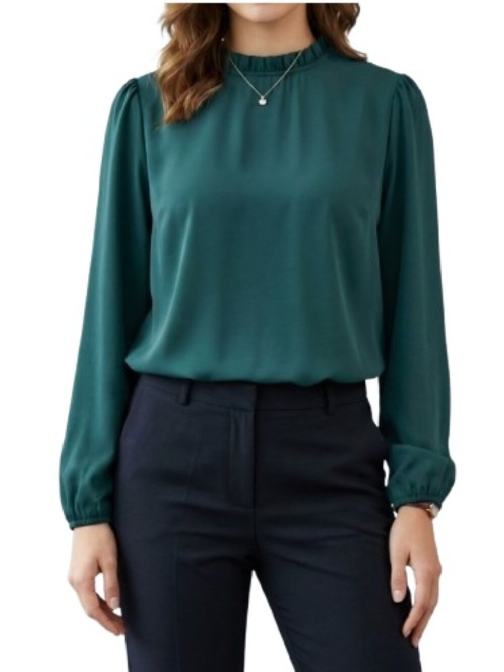 Worthington Green Blouse NWT High Neck Ruffle Trim Workwear Classic Modest